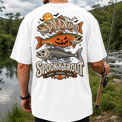 Spooky Trout Mummy Pumpkin Bones Halloween Fishing T-Shirt | Back Print