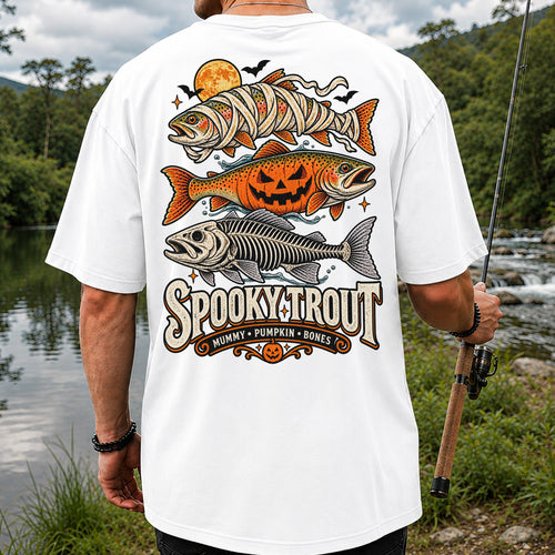 Spooky Trout Mummy Pumpkin Bones Halloween Fishing T-Shirt | Back Print