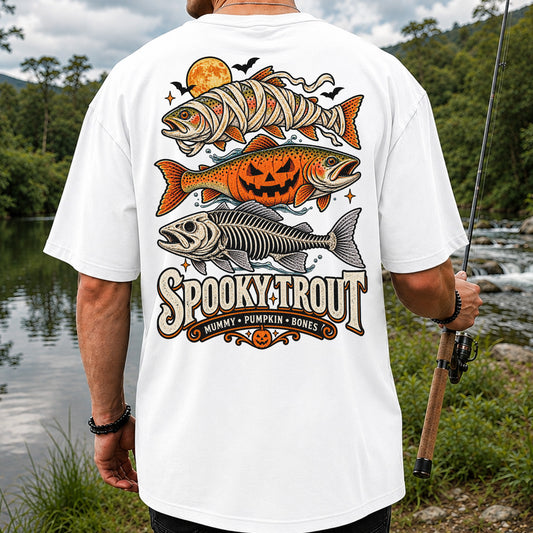 Spooky Trout Mummy Pumpkin Bones Halloween Fishing T-Shirt | Back Print