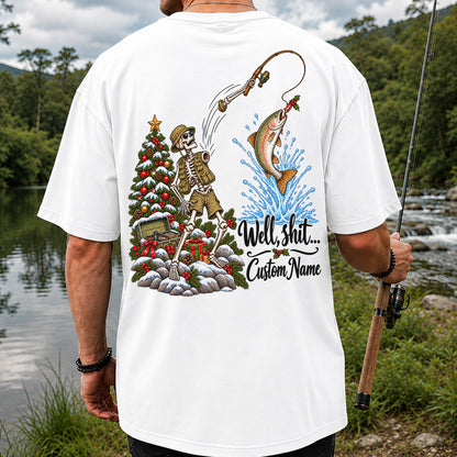 Skeleton Angler Christmas Fishing Personalized Graphic T-Shirt | Back Print