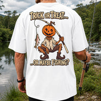 Trick or Treat Or Maybe Fishing Pumpkin Angler with Trout Halloween T-Shirt | Back Print