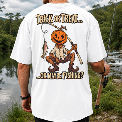 Trick or Treat Or Maybe Fishing Pumpkin Angler with Trout Halloween T-Shirt | Back Print