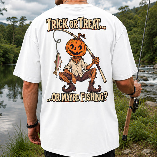 Trick or Treat Or Maybe Fishing Pumpkin Angler with Trout Halloween T-Shirt | Back Print