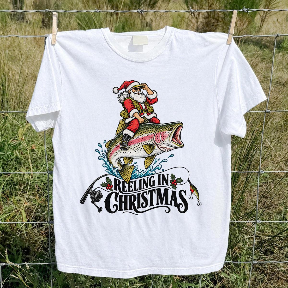 Reeling in Christmas Santa Rainbow Trout Fishing T-Shirt