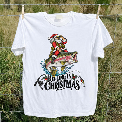 Reeling in Christmas Santa Rainbow Trout Fishing T-Shirt
