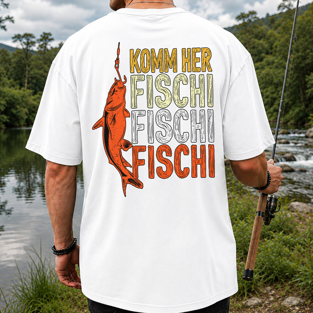 Komm Her Fischi Fischi Funny Catfish Fishing Graphic T-Shirt | Back Print