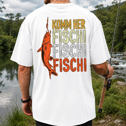 Komm Her Fischi Fischi Funny Catfish Fishing Graphic T-Shirt | Back Print