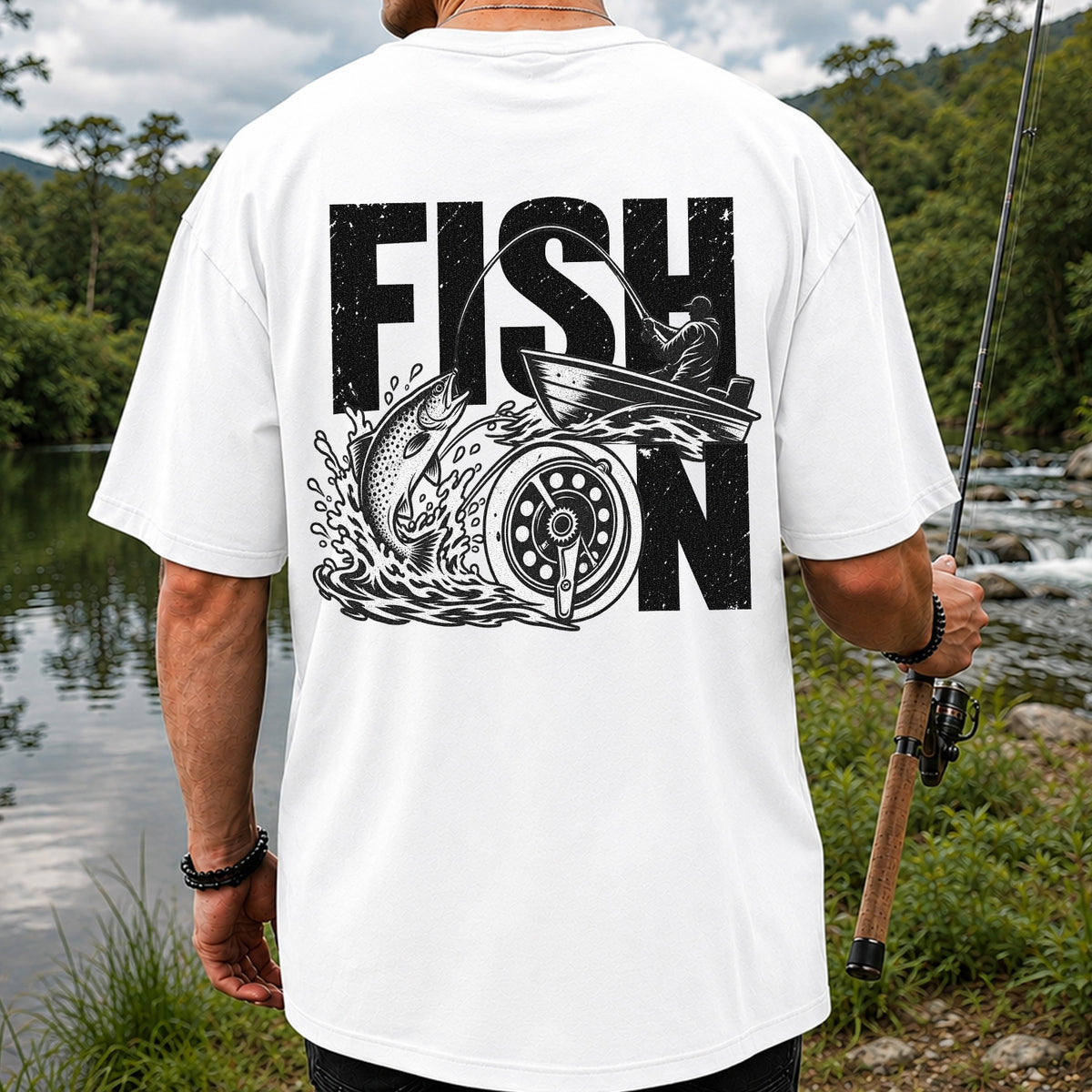 Fish On Jumping Trout and Fishing Boat Graphic T-Shirt | Back Print