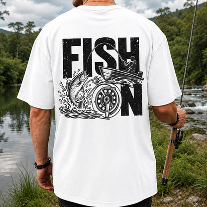 Fish On Jumping Trout and Fishing Boat Graphic T-Shirt | Back Print