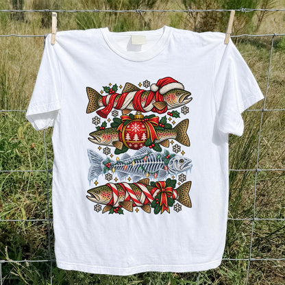 Christmas Rainbow Trout and Fish Skeleton Fishing Graphic T-Shirt