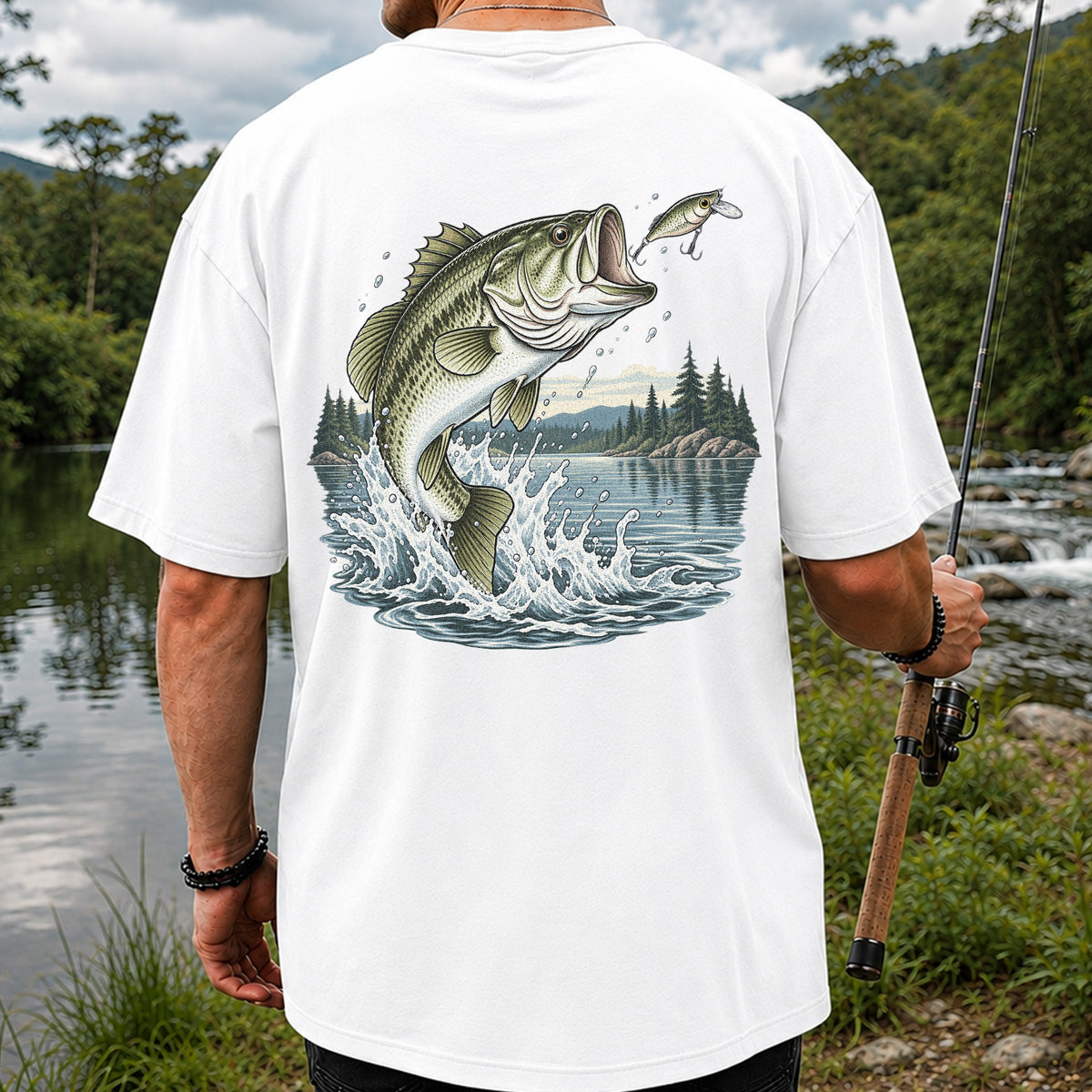 Jumping Largemouth Bass Chasing a Lure Lake Fishing Graphic T-Shirt | Back Print