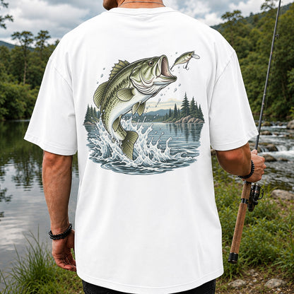 Jumping Largemouth Bass Chasing a Lure Lake Fishing Graphic T-Shirt | Back Print