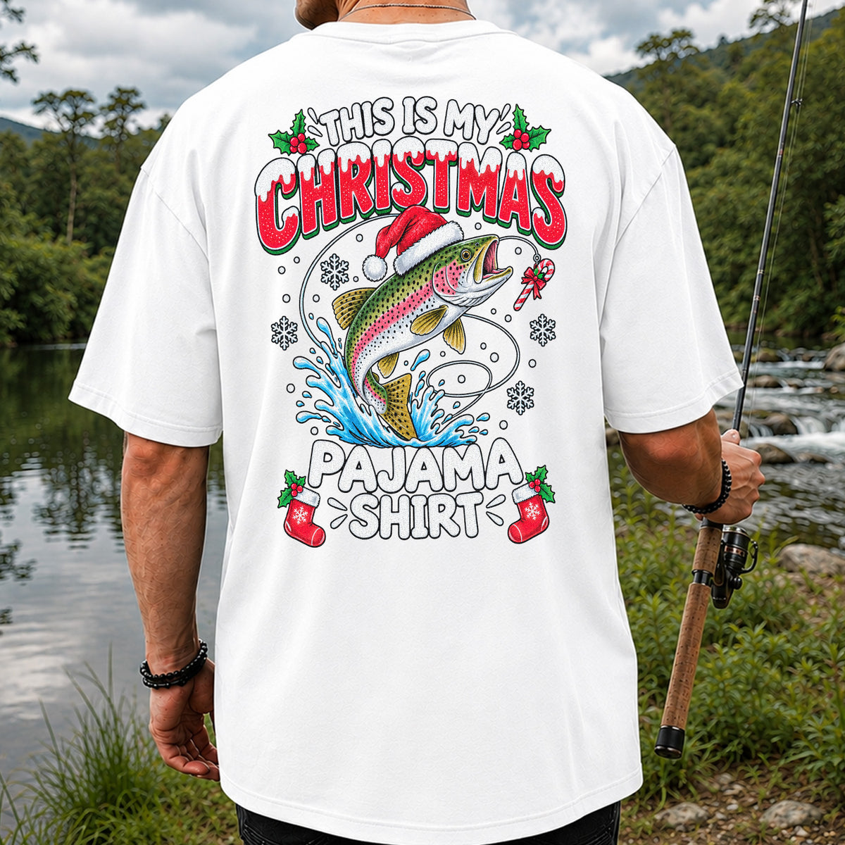 This Is My Christmas Pajama Shirt Rainbow Trout Fishing T-Shirt | Back Print