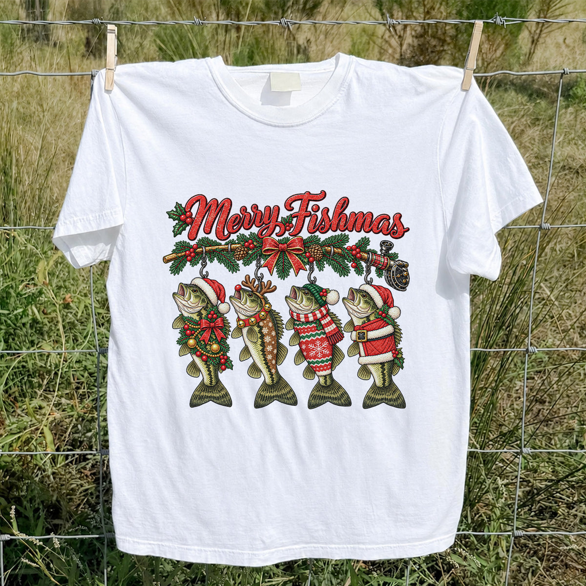 Merry Fishmas Christmas Bass Fishing Graphic T-Shirt