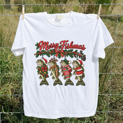 Merry Fishmas Christmas Bass Fishing Graphic T-Shirt