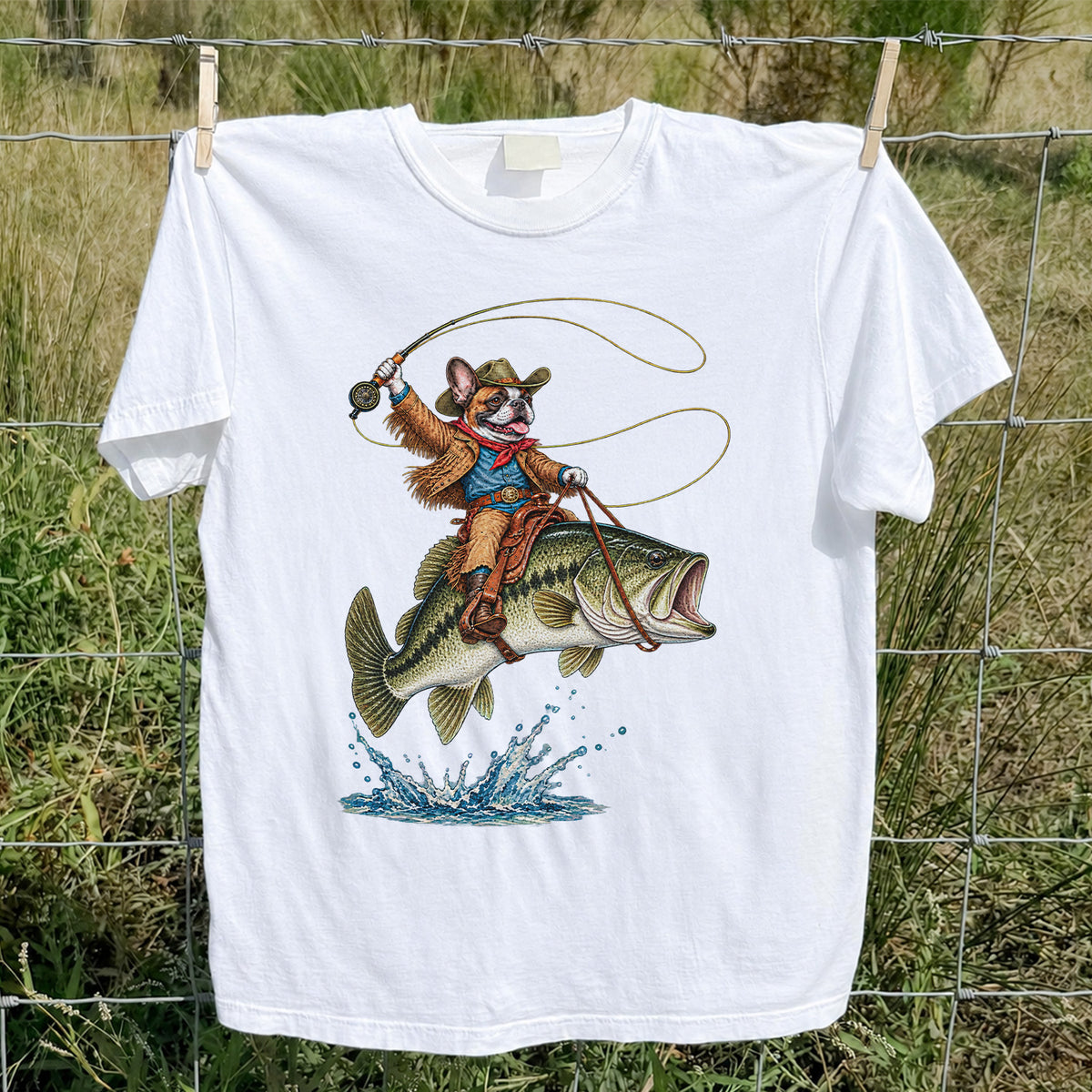 French Bulldog Cowboy Riding a Bass Fishing Graphic T-Shirt