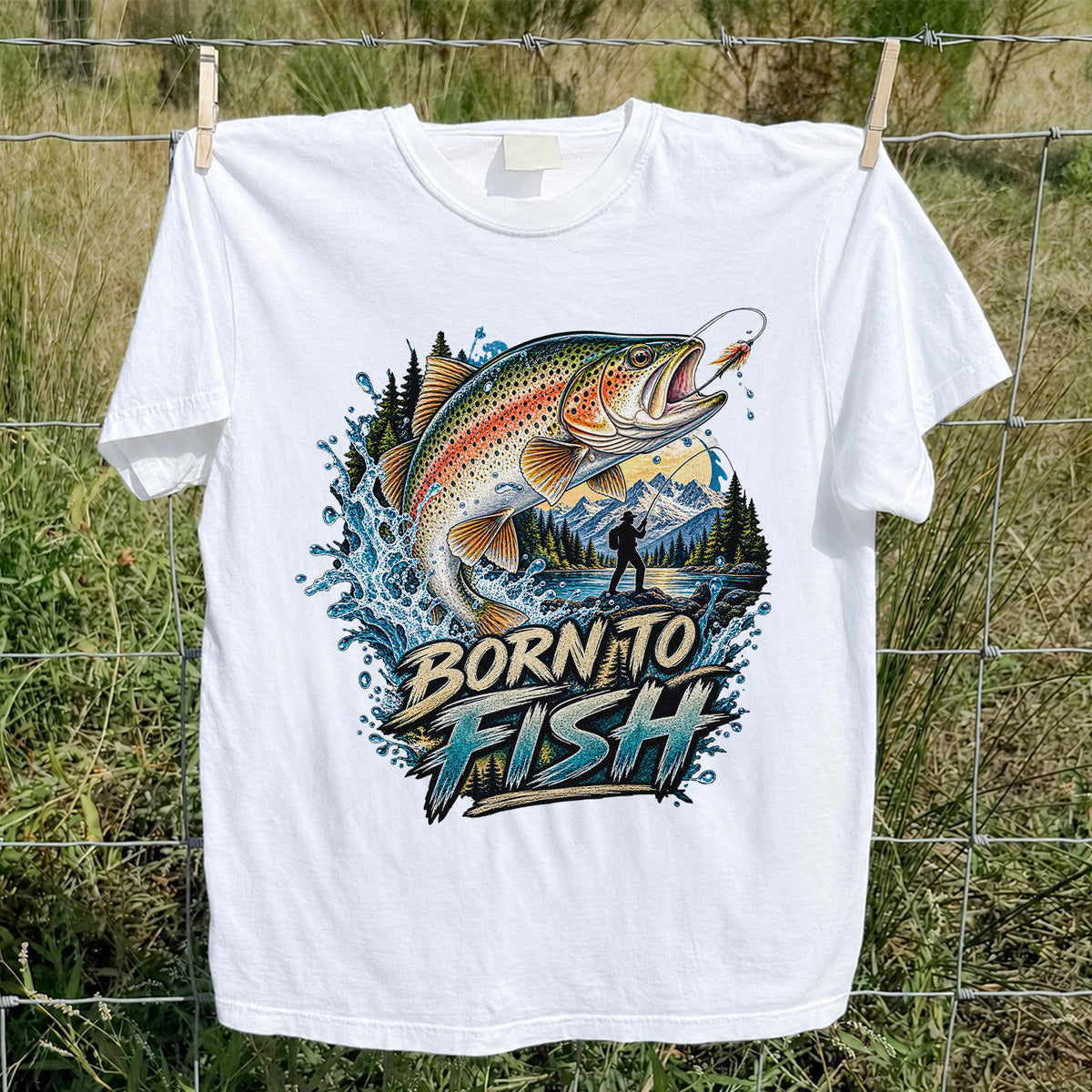 Born to Fish Rainbow Trout Fly Fishing Graphic T-Shirt