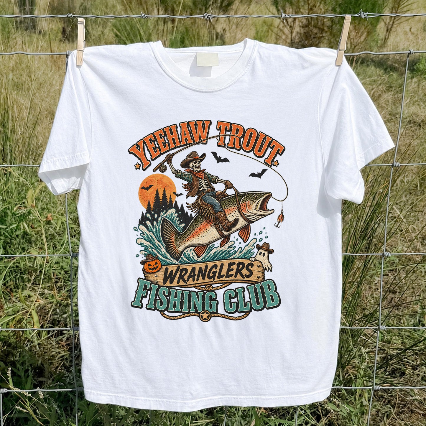 Yeehaw Trout Wranglers Fishing Club Halloween Skeleton Cowboy T-Shirt