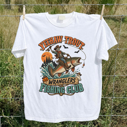 Yeehaw Trout Wranglers Fishing Club Halloween Skeleton Cowboy T-Shirt