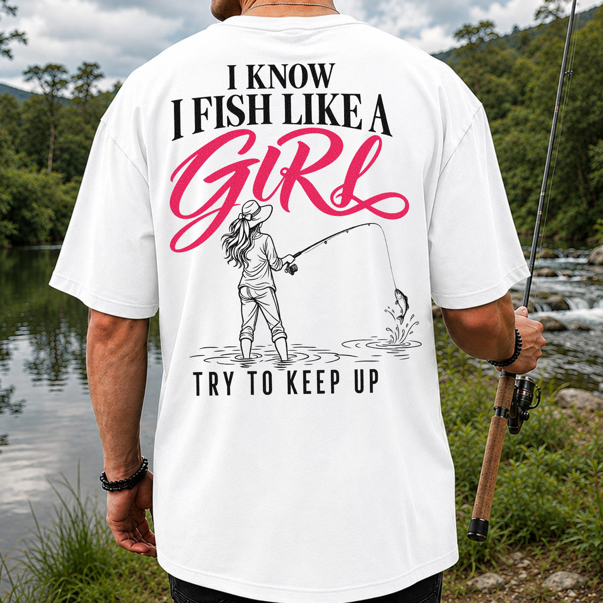 Funny Woman Fishing Graphic T-Shirt with Line Art Design | Back Print