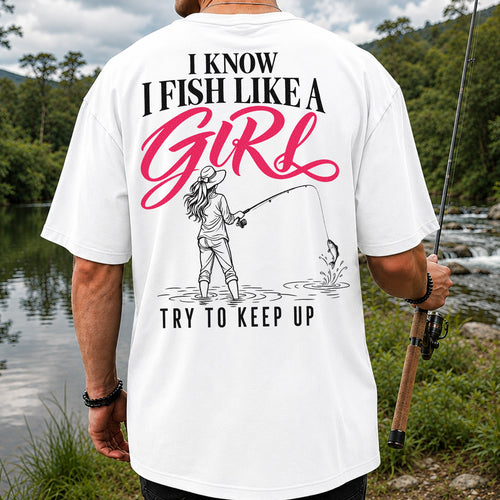 Funny Woman Fishing Graphic T-Shirt with Line Art Design | Back Print