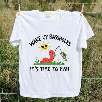 Wake Up Bassholes Funny Worm and Bass Fishing Graphic T-Shirt