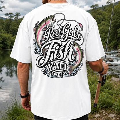 Reel Girls Fish Y'all Rainbow Trout Women's Fishing T-Shirt | Back Print