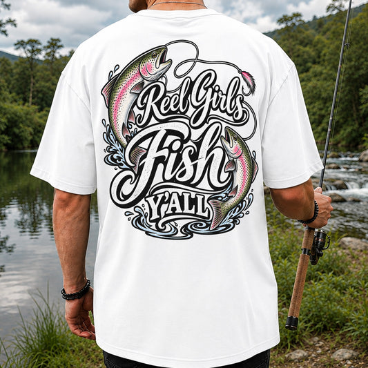Reel Girls Fish Y'all Rainbow Trout Women's Fishing T-Shirt | Back Print