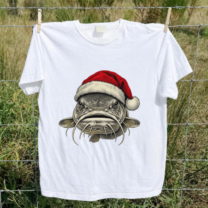 Christmas Catfish Santa Hat Holiday Fishing Graphic T-Shirt