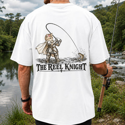 The Reel Knight Cat in Armor Funny Fishing Graphic T-Shirt | Back Print