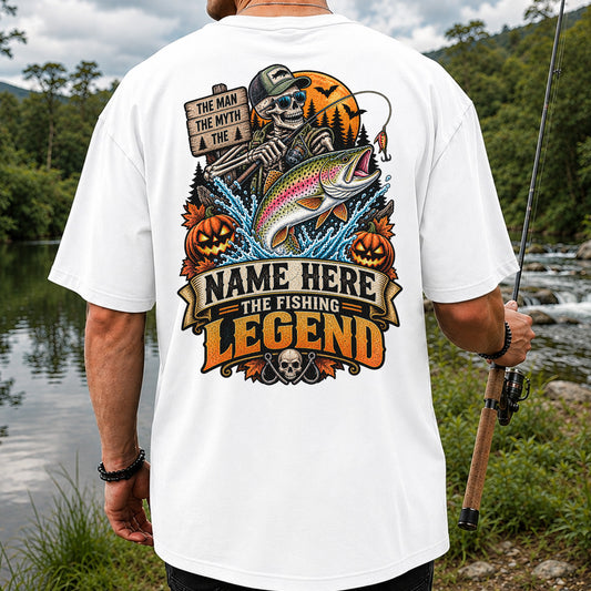 The Man The Myth The Fishing Legend Name Here Halloween Skeleton Rainbow Trout T-Shirt | Back Print