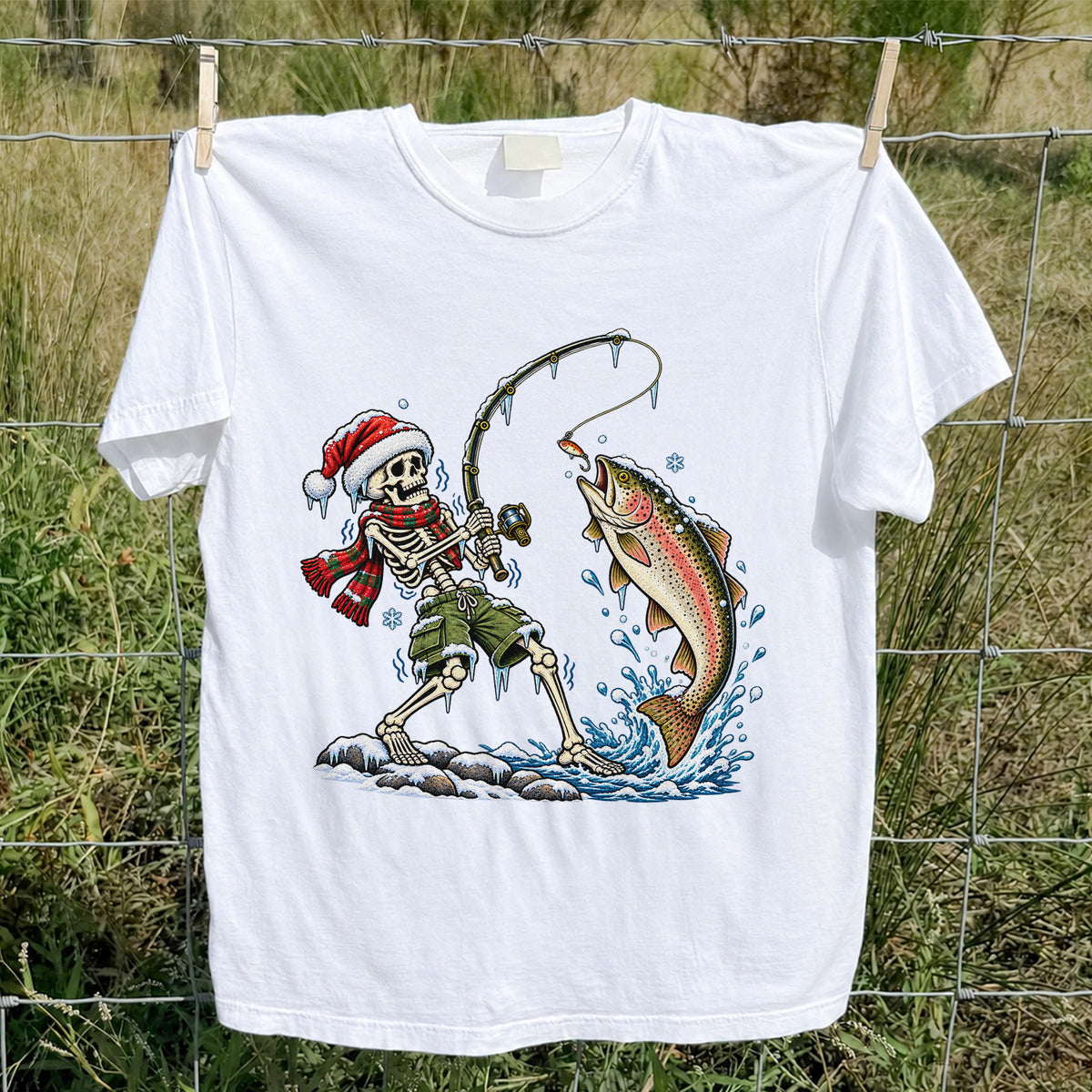 Christmas Skeleton Angler Catching a Rainbow Trout Fishing T-Shirt
