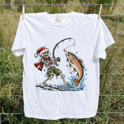 Christmas Skeleton Angler Catching a Rainbow Trout Fishing T-Shirt