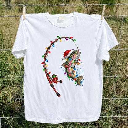 Christmas Rainbow Trout with Santa Hat and Lights Fishing T-Shirt