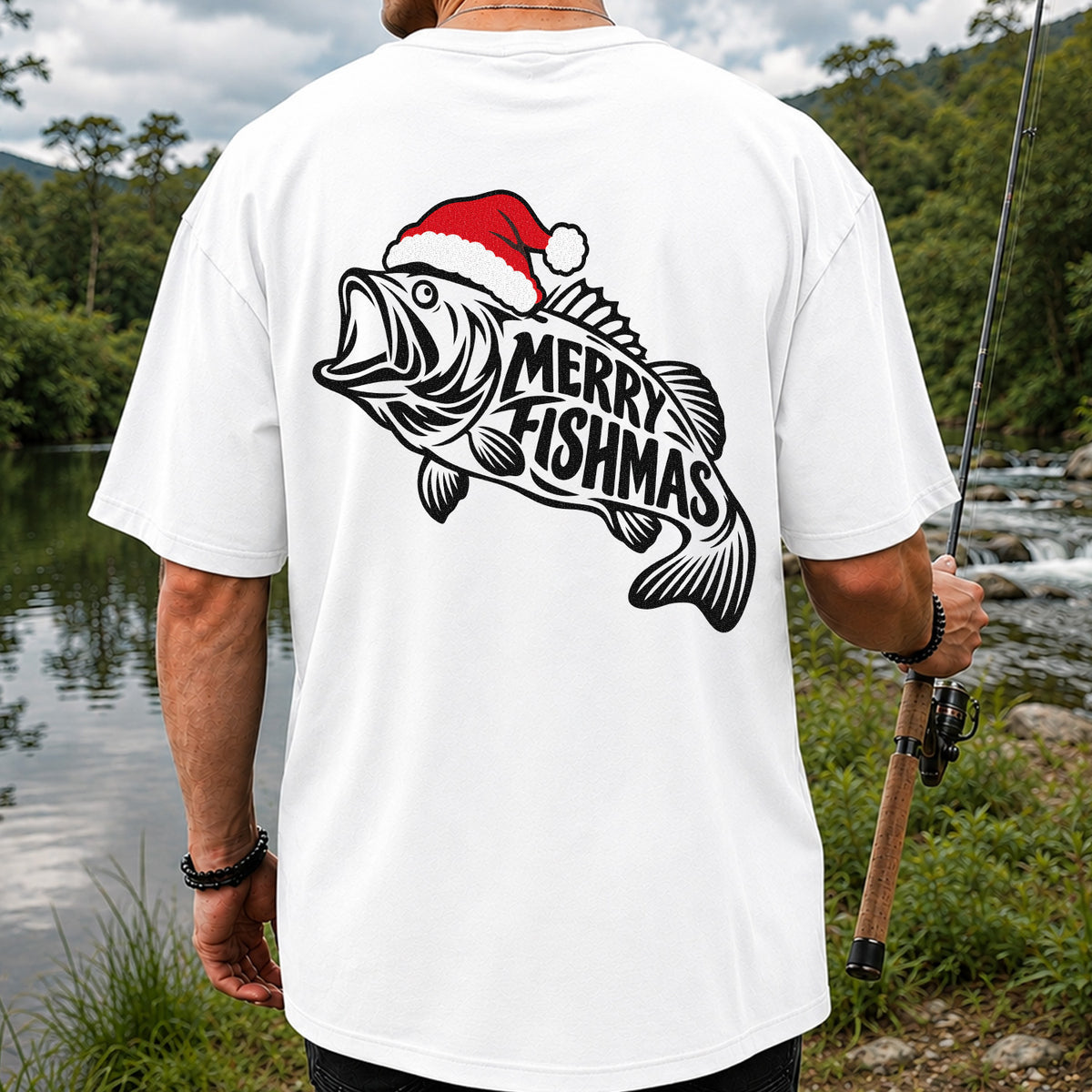 Santa Hat Fish Christmas Fishing Graphic T-Shirt | Back Print