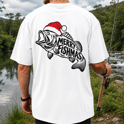 Santa Hat Fish Christmas Fishing Graphic T-Shirt | Back Print