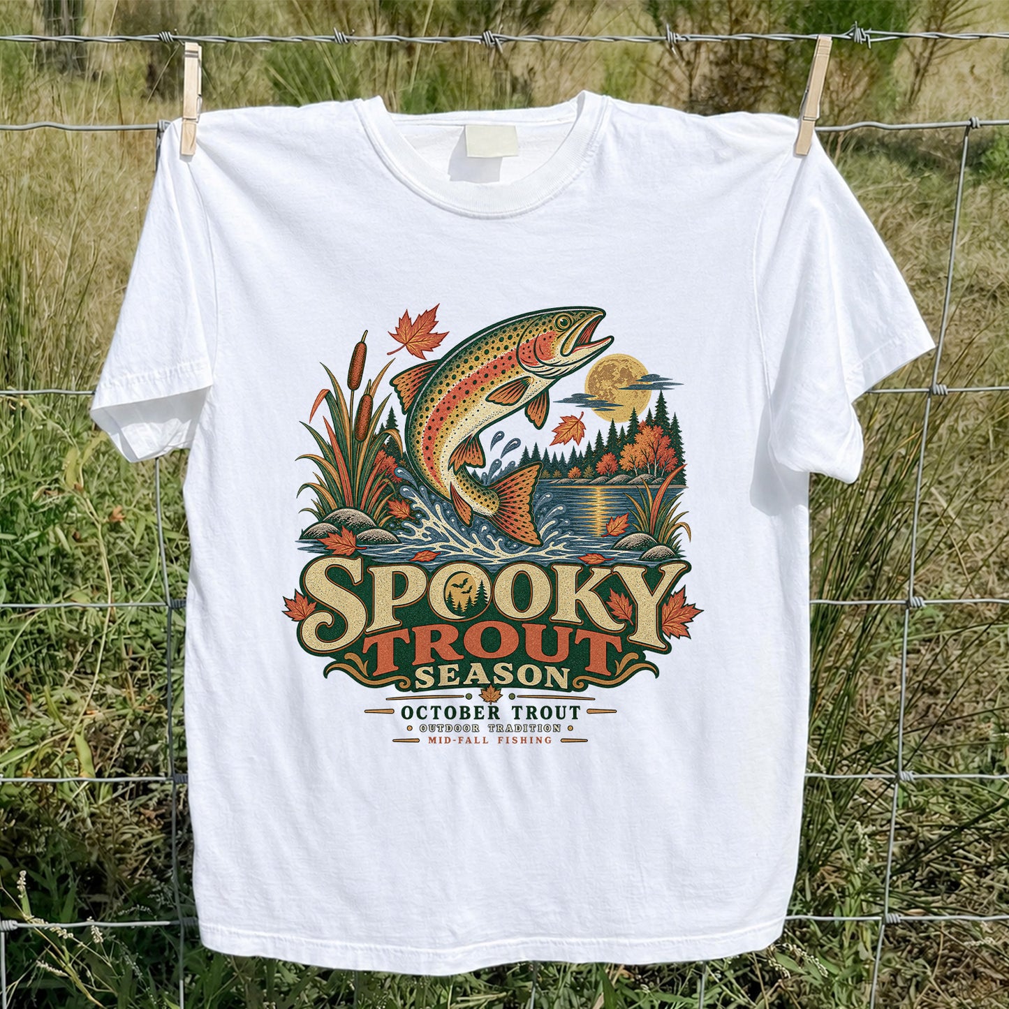 Spooky Trout Season Mid-Fall Fishing Graphic T-Shirt