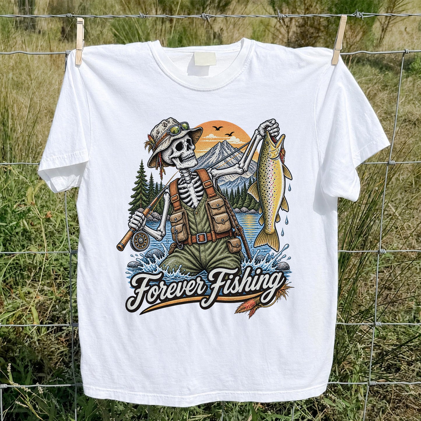Forever Fishing Skeleton Angler Holding Brown Trout Graphic T-Shirt