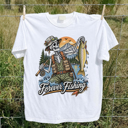 Forever Fishing Skeleton Angler Holding Brown Trout Graphic T-Shirt