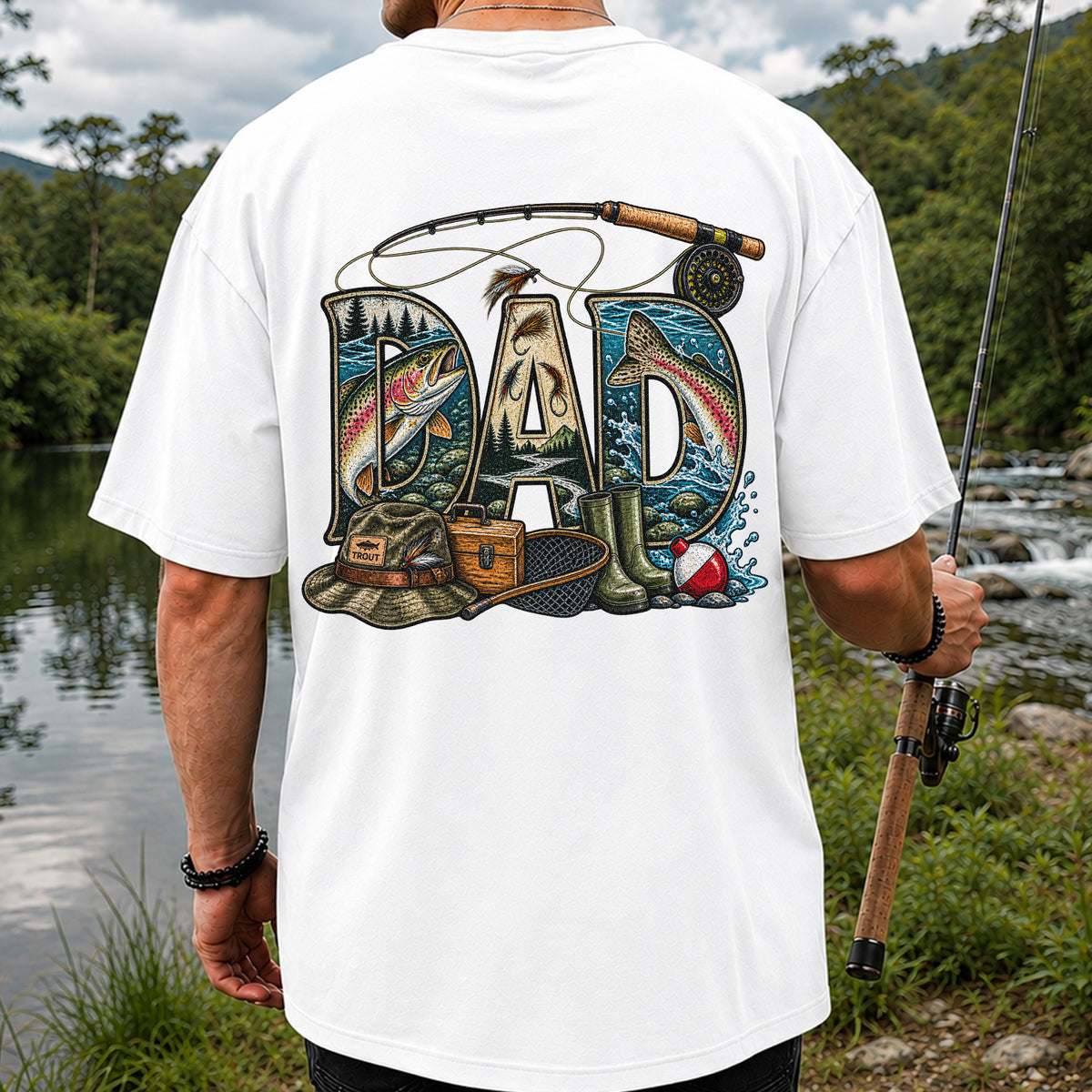 Dad Rainbow Trout Fly Fishing Vintage Graphic T-Shirt | Back Print