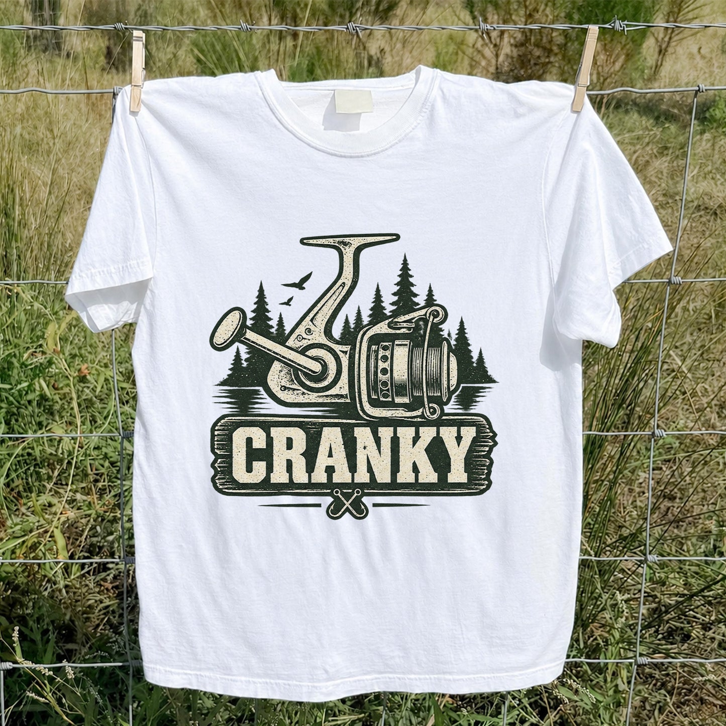 Cranky Vintage Spinning Reel Fishing Graphic T-Shirt