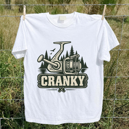 Cranky Vintage Spinning Reel Fishing Graphic T-Shirt
