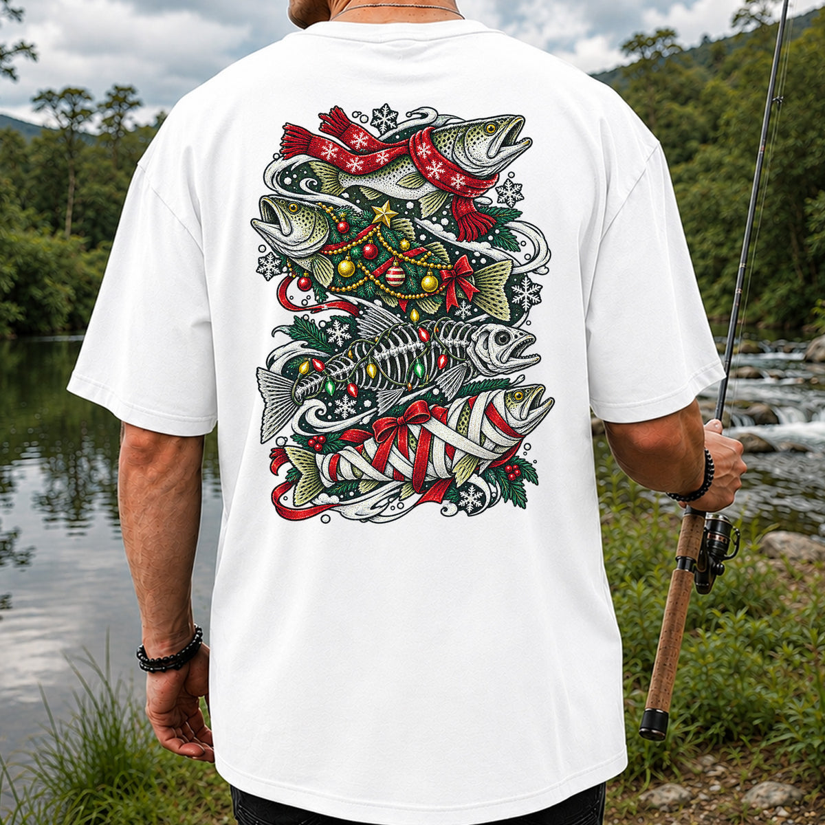 Christmas Trout and Fish Skeleton Holiday Fishing T-Shirt | Back Print