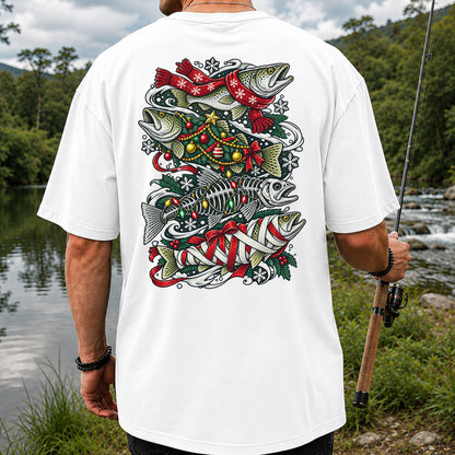 Christmas Trout and Fish Skeleton Holiday Fishing T-Shirt | Back Print