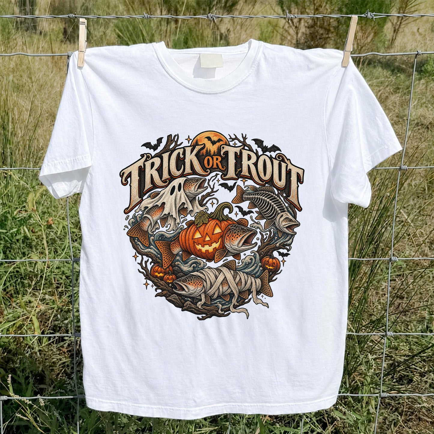 Trick or Trout Haunted Fish Halloween Fishing T-Shirt