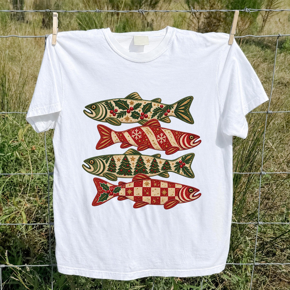 Christmas Trout Holiday Pattern Fishing Graphic T-Shirt
