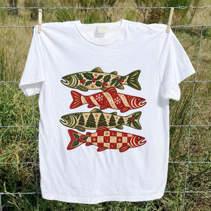 Christmas Trout Holiday Pattern Fishing Graphic T-Shirt