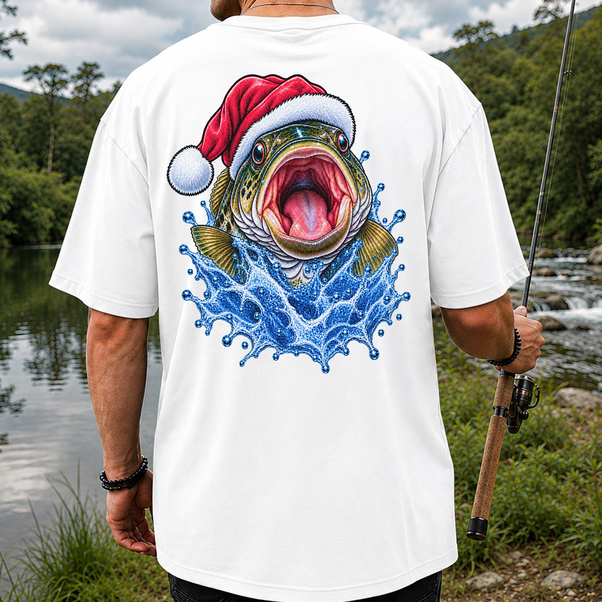 Santa Hat Bass Splash Fishing Graphic T-Shirt | Back Print