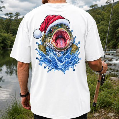 Santa Hat Bass Splash Fishing Graphic T-Shirt | Back Print