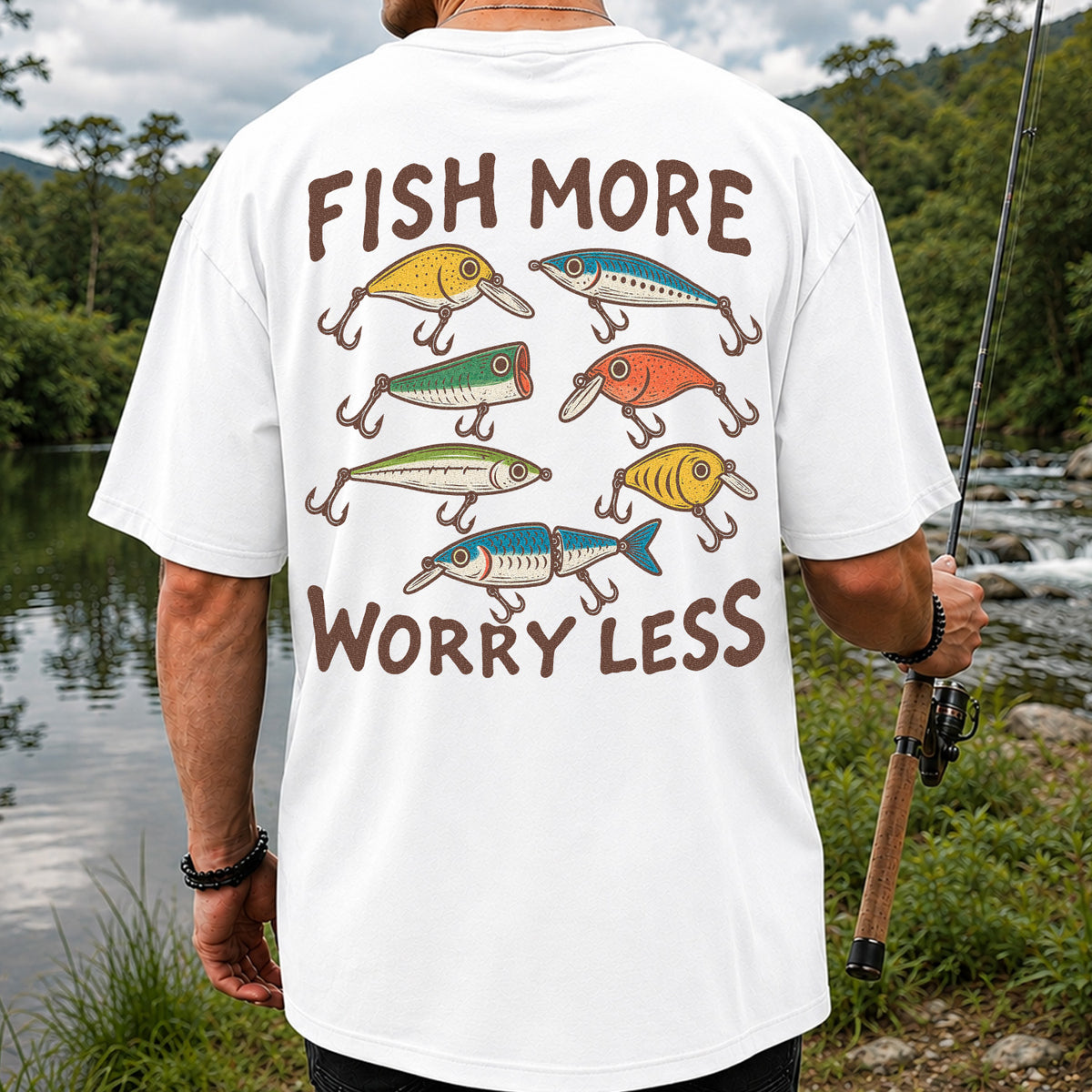 Colorful Fishing Lures and Hooks Graphic T-Shirt | Back Print